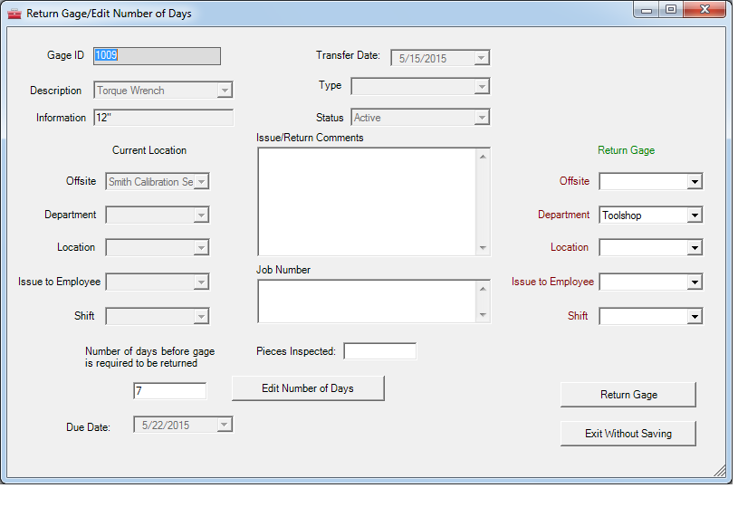screenshot of Gage Control Software